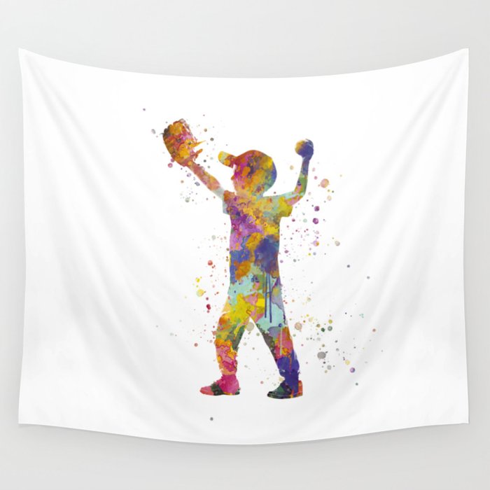 Boy plays baseball in watercolor Wall Tapestry