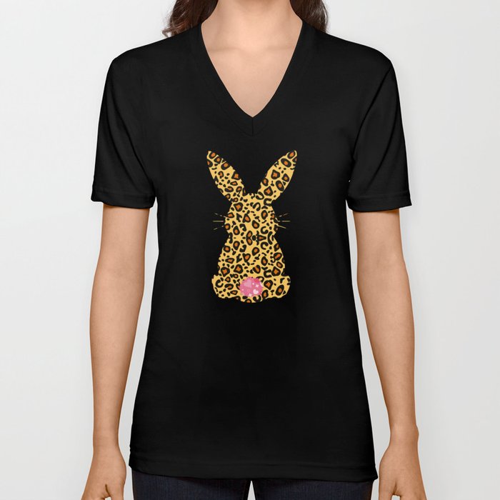 Cute Womens Happy Easter Leopard Bunny V Neck T Shirt