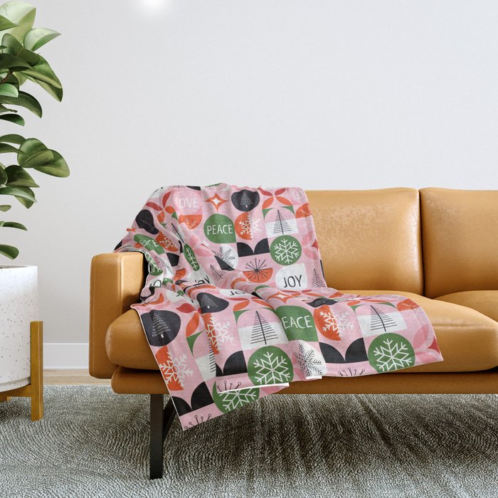 Mid Century Modern Christmas Shapes Pattern Pink Throw Blanket