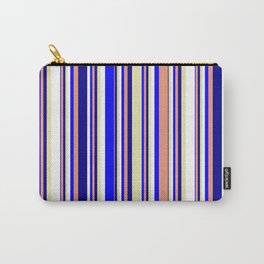[ Thumbnail: Pale Goldenrod, White, Blue, Dark Salmon, and Dark Blue Colored Pattern of Stripes Carry-All Pouch ]