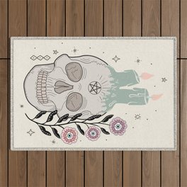 Skull with flower and candles - line art -earthy tones Outdoor Rug