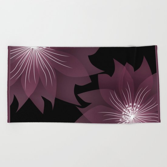 Burgundy flowers on black background . Beach Towel
