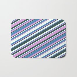 [ Thumbnail: Blue, Plum, Dark Slate Gray, and Mint Cream Colored Lined/Striped Pattern Bath Mat ]