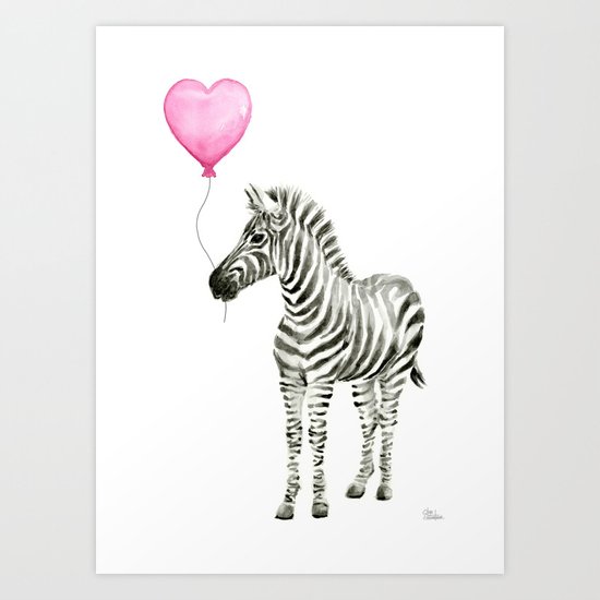 Zebra with Balloon Animal Watercolor Whimsical Animals Art Print