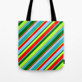 [ Thumbnail: Eye-catching Light Sea Green, Dark Green, Light Green, Red & Light Sky Blue Colored Stripes Pattern Tote Bag ]