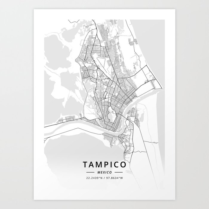 Tampico, Mexico Light Map Art Print by Designer Map Art Society6