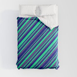 [ Thumbnail: Green, Dark Slate Blue & Dark Blue Colored Lined/Striped Pattern Comforter ]