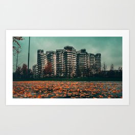 buildings city autumn leaves Art Print