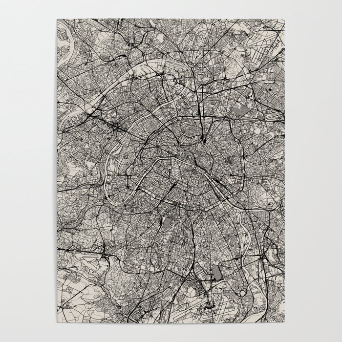 France, Paris City Map - Black and White Aesthetic - French Cities Poster