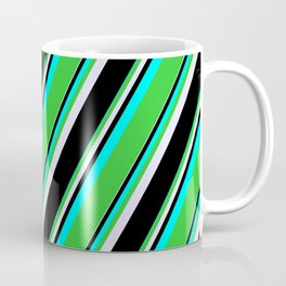 [ Thumbnail: Cyan, Lime Green, Lavender, and Black Colored Pattern of Stripes Coffee Mug ]