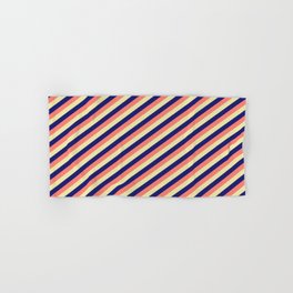 [ Thumbnail: Salmon, Pale Goldenrod & Midnight Blue Colored Stripes Pattern Hand & Bath Towel ]