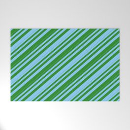 [ Thumbnail: Light Sky Blue and Forest Green Colored Lines/Stripes Pattern Welcome Mat ]