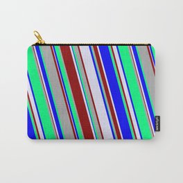 [ Thumbnail: Green, Blue, Lavender, Dark Red, and Dark Gray Colored Stripes Pattern Carry-All Pouch ]