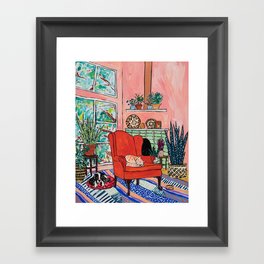 Red Armchair in Pink Interior with Houseplants, Ginger Cat, and Spaniel Interior Painting Framed Art Print