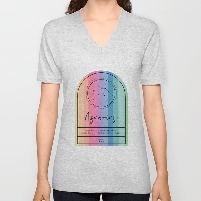 Aquarius Zodiac | Rainbow Stripe V Neck T Shirt
