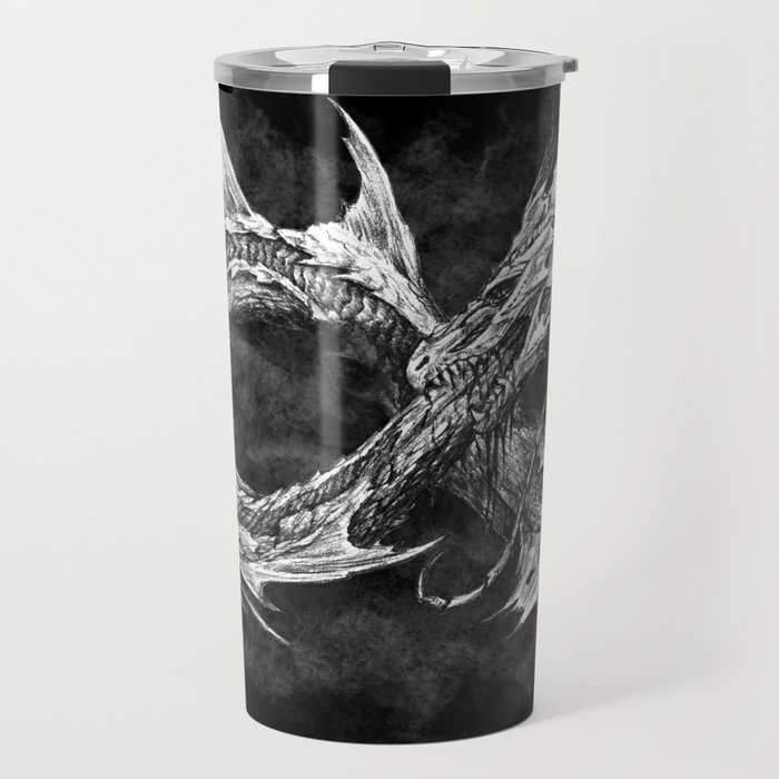 Ouroboros mythical snake on black cloudy background | Pencil Art, Black and White Travel Mug