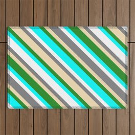 [ Thumbnail: Colorful Grey, Tan, Forest Green, Aqua & White Colored Pattern of Stripes Outdoor Rug ]