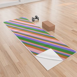 [ Thumbnail: Chocolate, Light Pink, Medium Slate Blue, and Forest Green Colored Stripes/Lines Pattern Yoga Towel ]