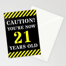 [ Thumbnail: 21st Birthday - Warning Stripes and Stencil Style Text Stationery Cards ]