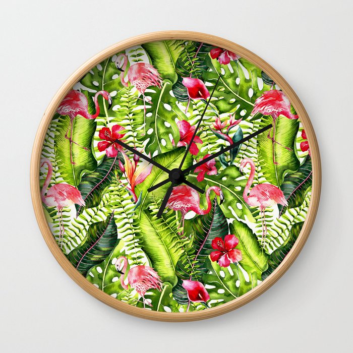 Aloha - Tropical Flamingo Bird and Hibiscus Palm Leaves Garden Wall Clock