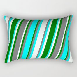 [ Thumbnail: Dim Grey, Cyan, Mint Cream & Dark Green Colored Stripes Pattern Rectangular Pillow ]