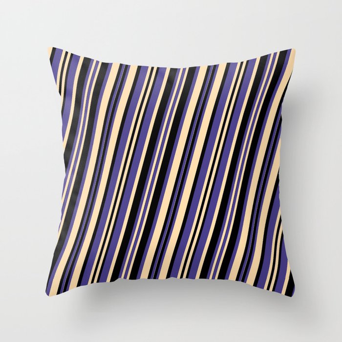 Dark Slate Blue, Tan & Black Colored Pattern of Stripes Throw Pillow