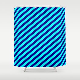 [ Thumbnail: Cyan & Dark Blue Colored Lined/Striped Pattern Shower Curtain ]