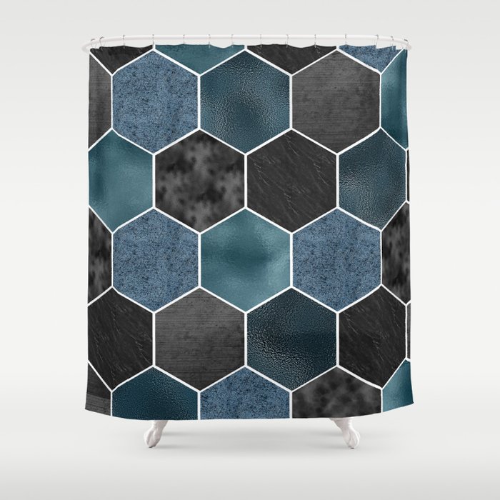 Midnight marble hexagons Shower Curtain