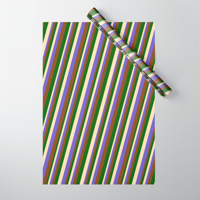 Beige, Slate Blue, Brown, and Dark Green Colored Lines/Stripes Pattern Wrapping Paper
