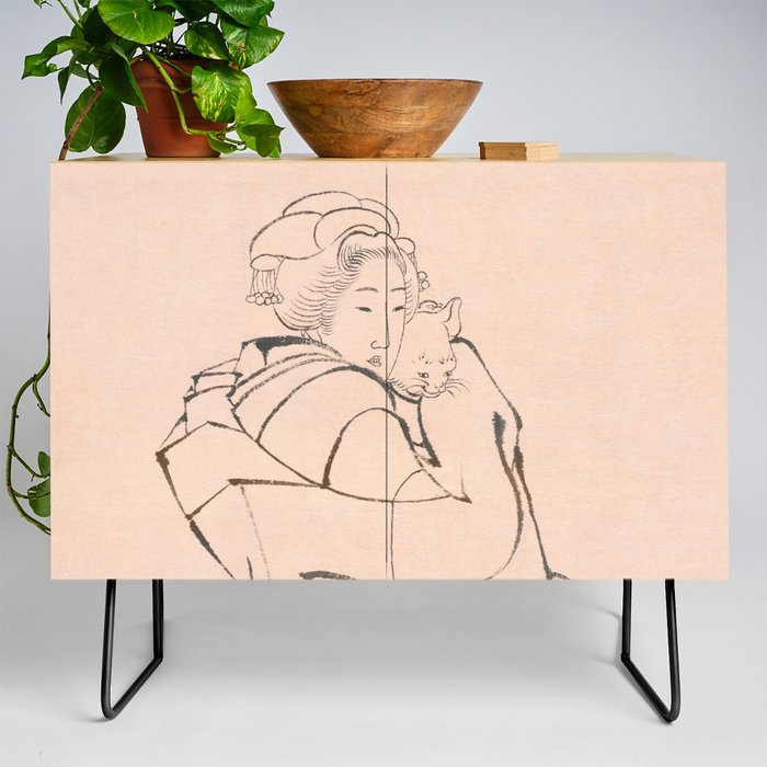 Woman Holding Cat Hokusai Vintage Japanese Illustration Credenza