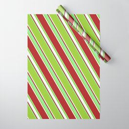 [ Thumbnail: Red, Light Green, Green & Mint Cream Colored Lines Pattern Wrapping Paper ]