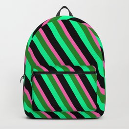 [ Thumbnail: Hot Pink, Forest Green, Green & Black Colored Striped Pattern Backpack ]