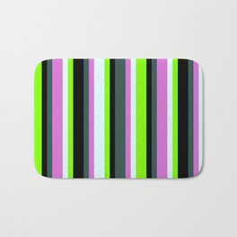 [ Thumbnail: Dark Slate Gray, Orchid, Light Cyan, Chartreuse & Black Colored Lines/Stripes Pattern Bath Mat ]