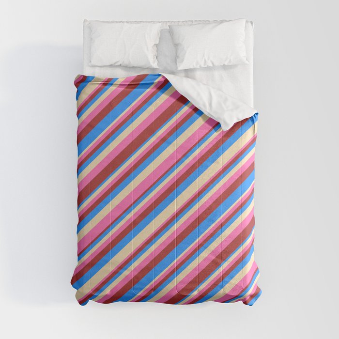 Tan, Hot Pink, Brown & Blue Colored Striped Pattern Comforter