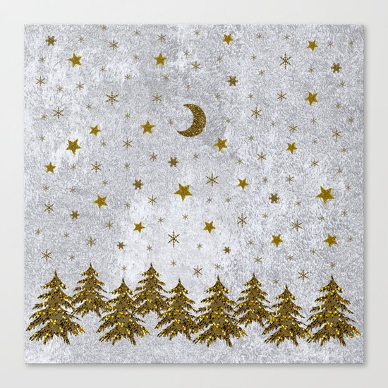 Sparkly Christmas tree, stars, moons on abstract paper Canvas Print