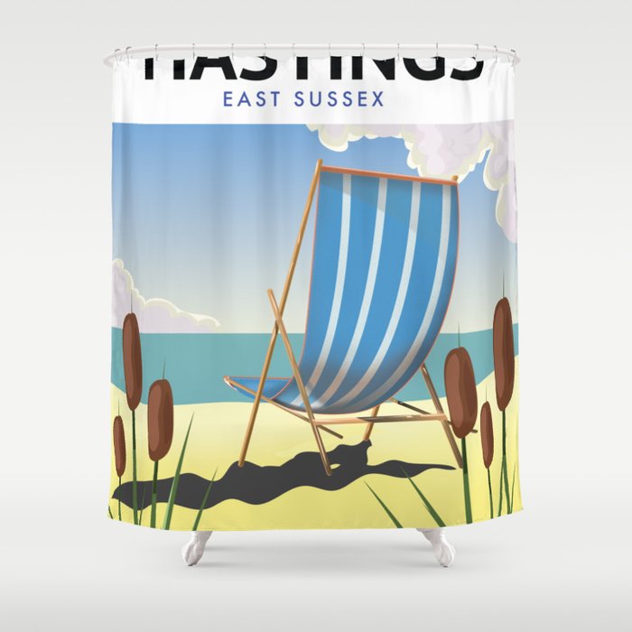 Hastings East Sussex beach travel poster Shower Curtain