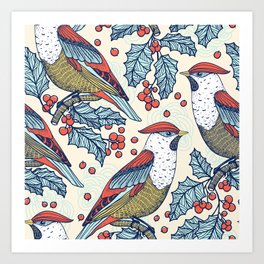 Christmas vintage seamless pattern with waxwings and holly berries Art Print