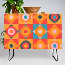 GEOMETRIC CIRCLE CHECKERBOARD TILES in SOUTHWESTERN DESERT COLORS CORAL ORANGE PINK TEAL BLUE Credenza