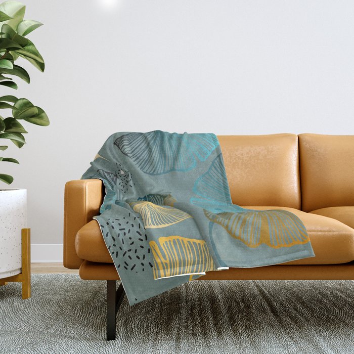 Luxury gold Ginkgo on blue background illustration pattern. Throw Blanket