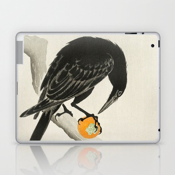 Crow eating persimmon Fruit - Vintage Japanese Woodblock Print Art Laptop & iPad Skin