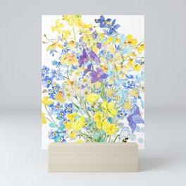 purple blue and yellow flowers bouquet watercolor   Mini Art Print