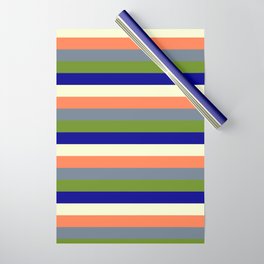 [ Thumbnail: Eye-catching Coral, Slate Gray, Green, Dark Blue & Light Yellow Colored Striped Pattern Wrapping Paper ]