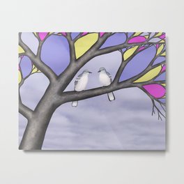 northern mockingbirds in the stained glass tree Metal Print | Yelloweyes, Periwinkleblue, Cloudysky, Lavender, Colorful, Barkbrown, Digitalcollage, Pairofbirds, Birds, Beaksandfeathers 