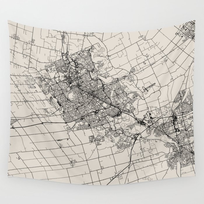 Canada, Kitchener - Black & White City Map - Detailed Map Drawing Wall Tapestry