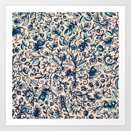 Teal Garden - floral doodle pattern in cream & navy blue Art Print