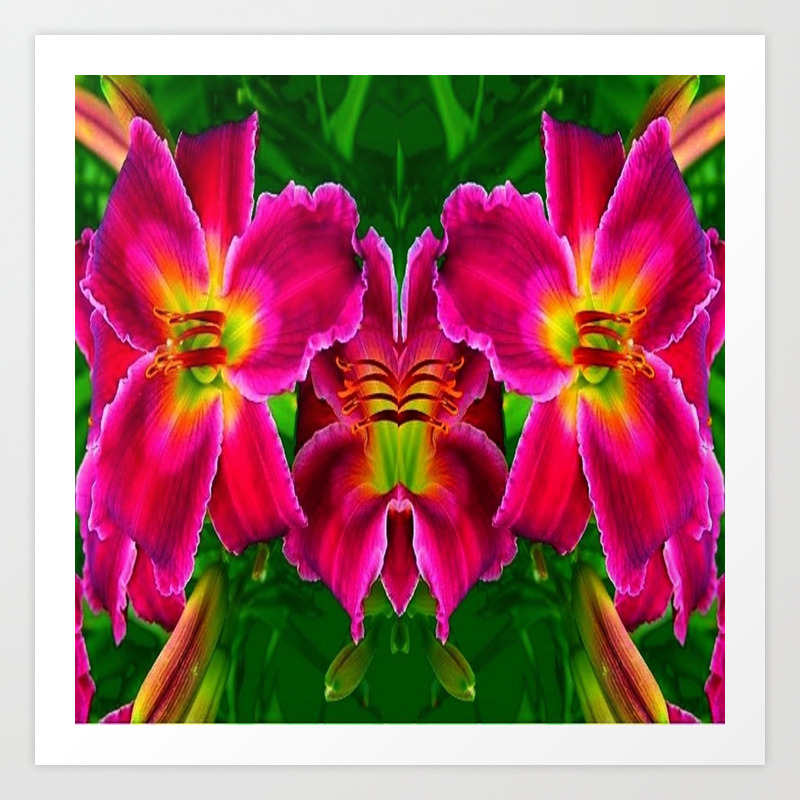 Cerise Pink Lily Flowers Green Abstract Art Print By Sharlesart