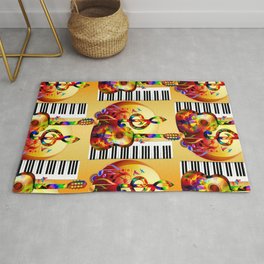 Colorful  music instruments painting, guitar, treble clef, piano, musical notes, flying birds Rug