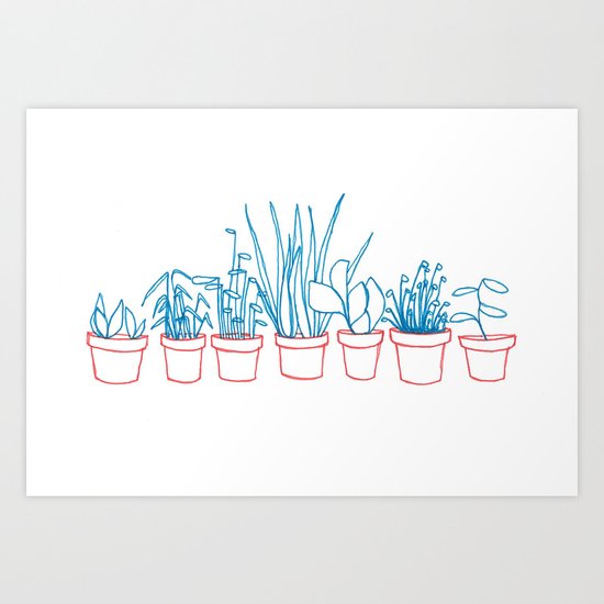 Teal Plants in Red Pots Art Print