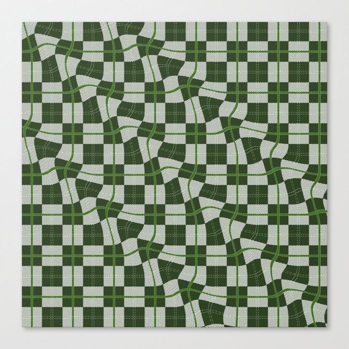 Warped Checkerboard Grid Illustration Whimsical Green Canvas Print