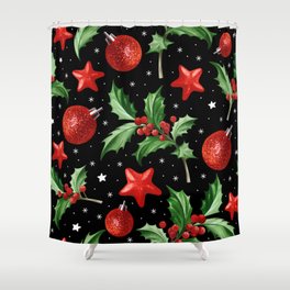 Seamless pattern with Christmas symbol - Holly leaves, snow, stars, balls on black background.  Shower Curtain